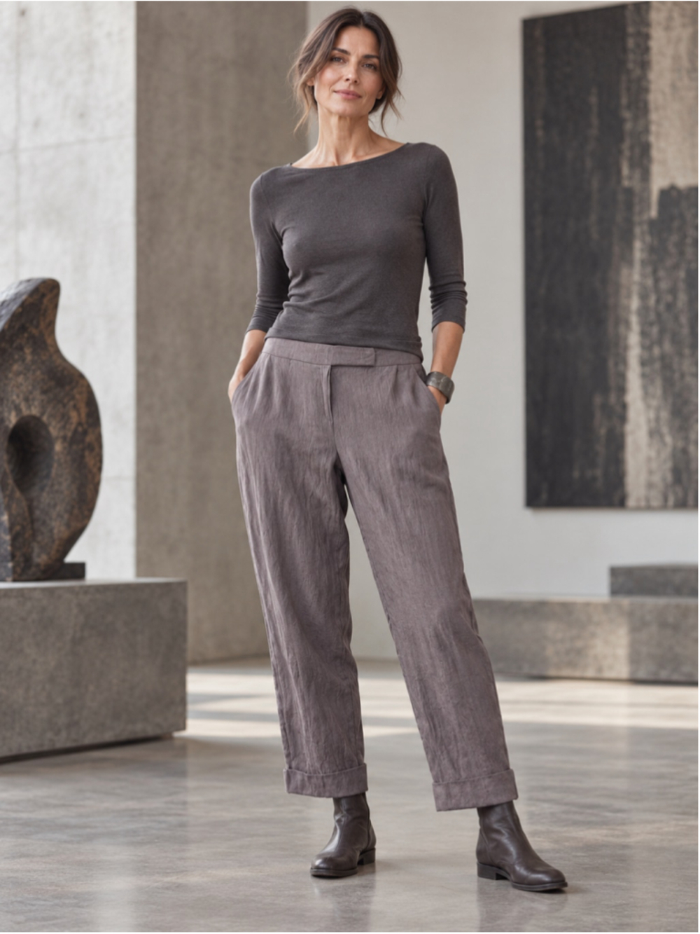 NWT Sarah Pacini Pants Women’s 3 Linen Metallic Avant Garde Quiet Luxury Grey